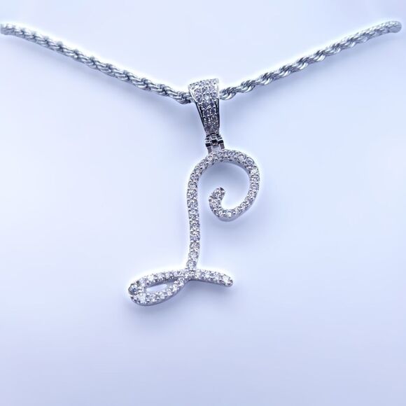 18"Rope Chain - White Gold Finish Cursive L. - Picture 2 of 6